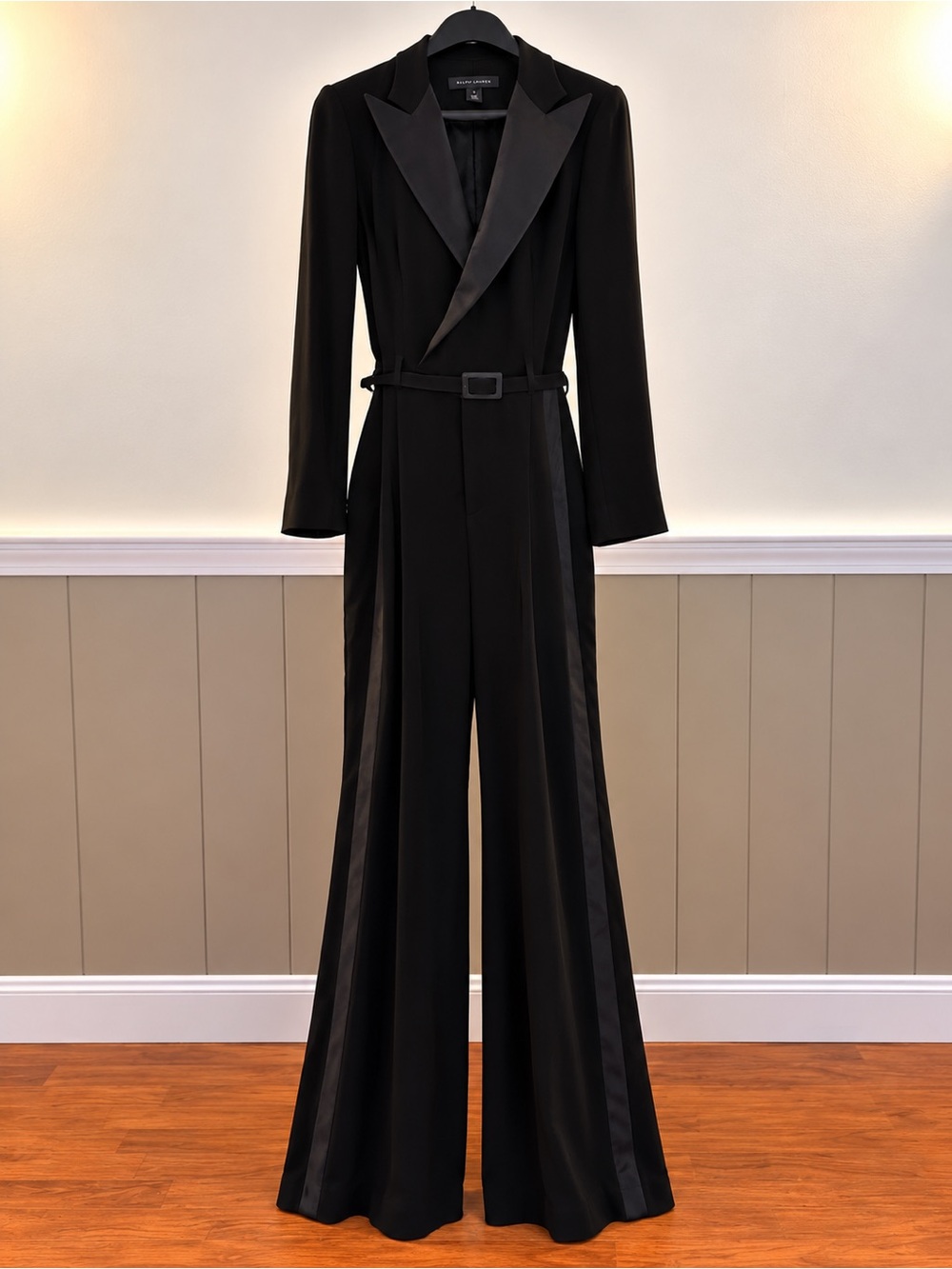 Ralph Lauren Black Satin-Trim Wide-Leg Jumpsuit with Belt